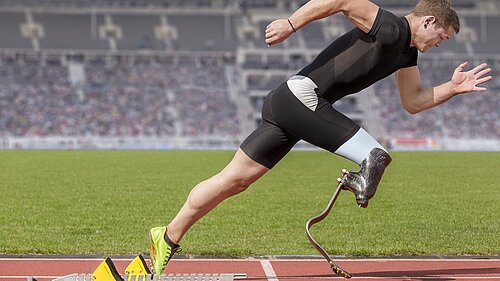 A sprinter with a prosthetic leg.