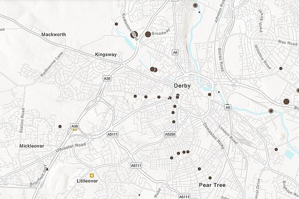 Map showing with brown spots the many sewage release sites around Derby, The yellow squares show where treated sewage is released.