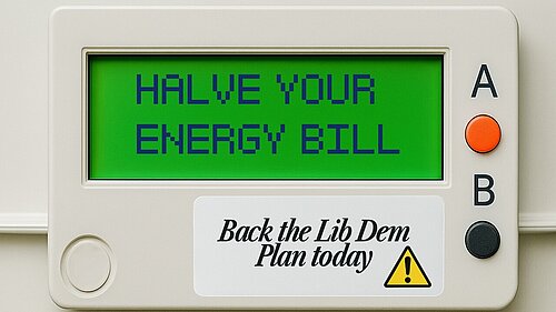 Energy meter displaying the words "Halve your energy bill"