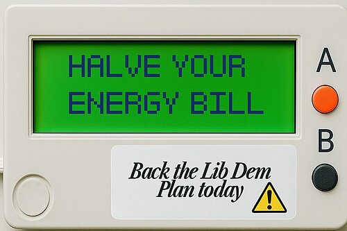 Energy meter displaying the words "Halve your energy bill"