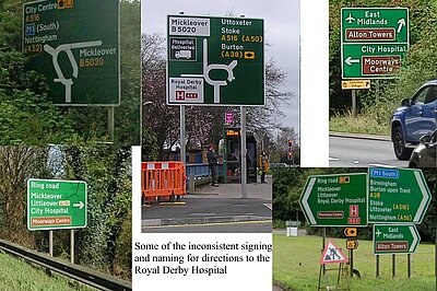 Collage of signs to the Royal Derby hospital