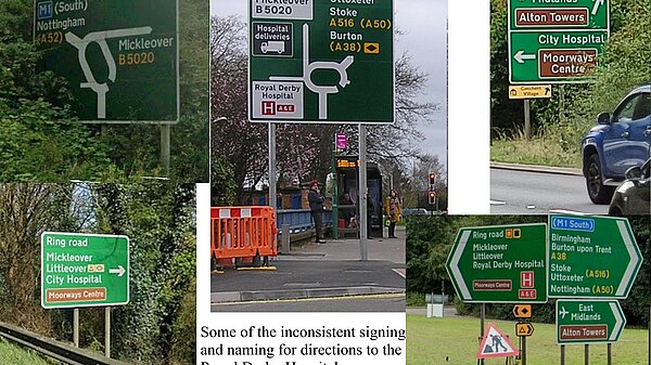 Collage of signs to the Royal Derby hospital