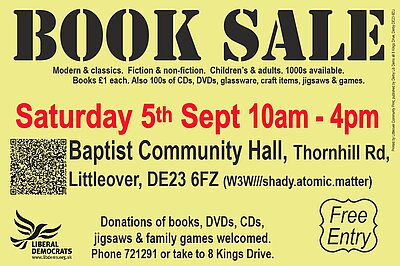 Poster for book sale on 5th September 2026 10am to 4pm at Littleover Baptist Community Hall in Thornhill Road