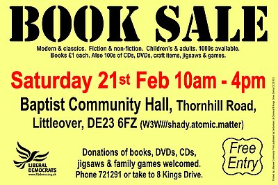 Poster for book sale on 21st February 2026 at Littleover Baptist Community Hall