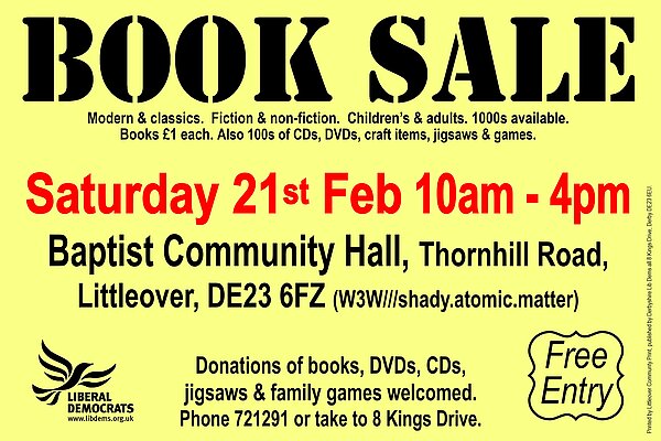 Poster for book sale on 21st February 2026 at Littleover Baptist Community Hall