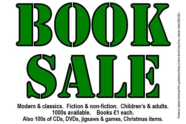 Book Sale Saturday 7th November 2026 10am to 4pm at Littleover Baptist Community Hall, Thornhill Road DE23 6FZ - poster to print