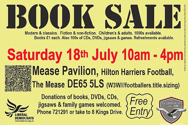 Poster for Book sale with refreshments event on 18th July 2026 at the Hilton Harriers pavilion
