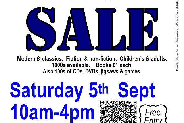 Poster to print for book sale on 5th September 2026 at Littleover Baptist Community Hall